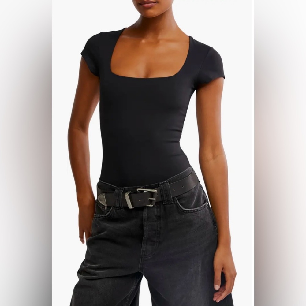 Free People Intimately Square Eyes Black Bodysuit Top Short Cap Sleeves XS